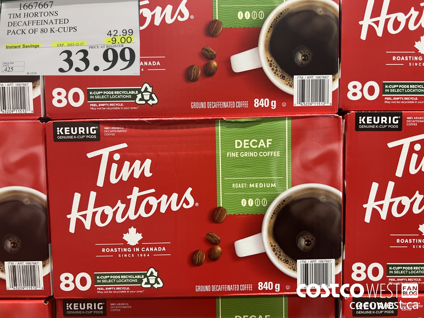 1667667 TIM HORTONS DECAFFEINATED K-CUPS 80 COUNT ($9.00 INSTANT SAVINGS EXPIRES ON 2023-12-17) $33.99