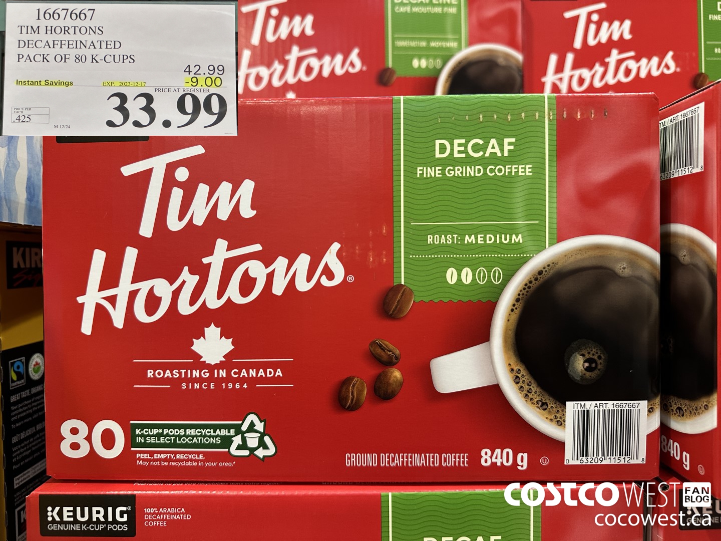 1667667 TIM HORTONS DECAFFEINATED K-CUPS 80 COUNT ($9.00 INSTANT SAVINGS EXPIRES ON 2023-12-17) $33.99