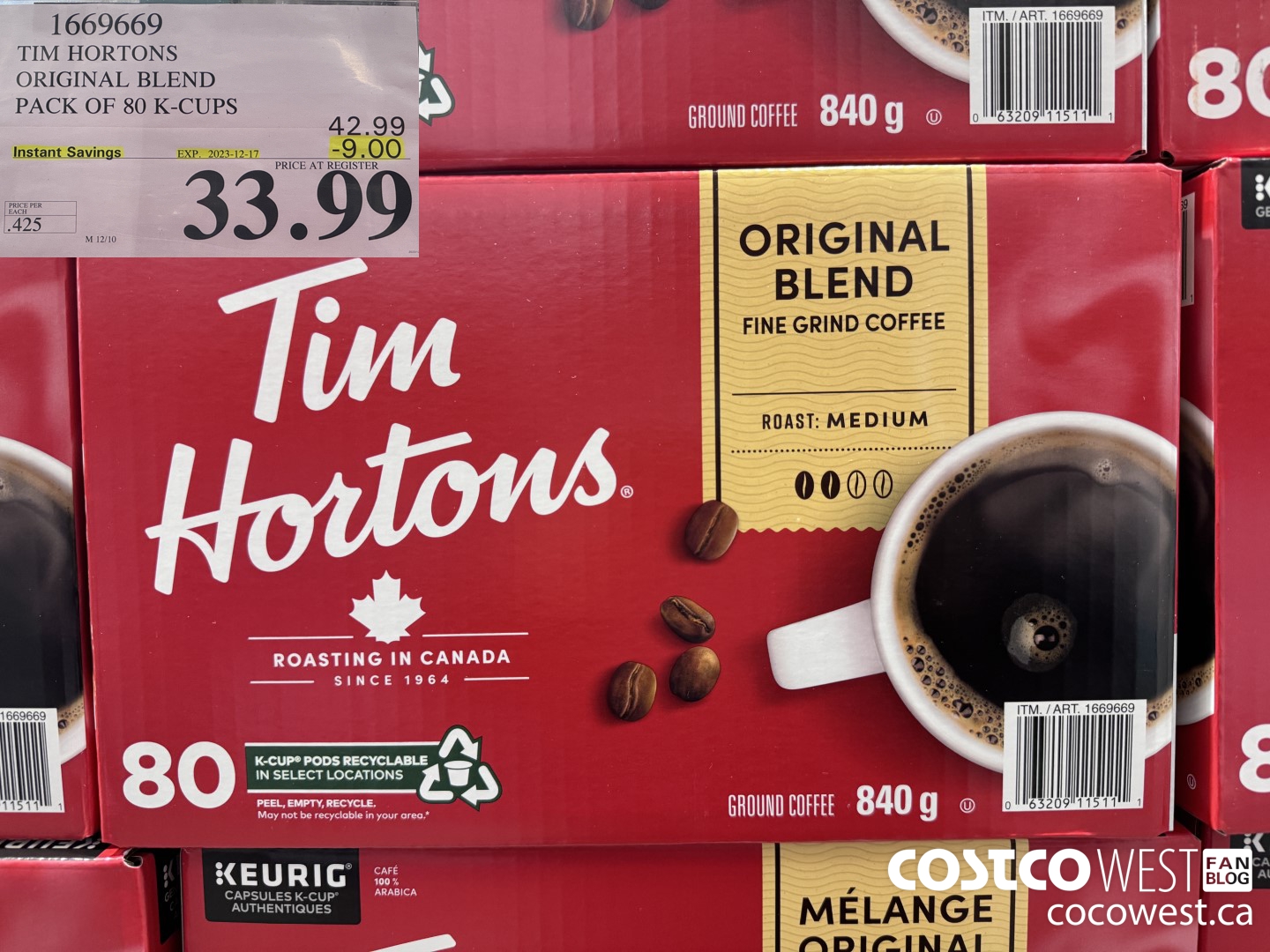 1669669 TIM HORTONS ORIGINAL BLEND K-CUPS 80 COUNT ($9.00 INSTANT SAVINGS EXPIRES ON 2023-12-17) $33.99