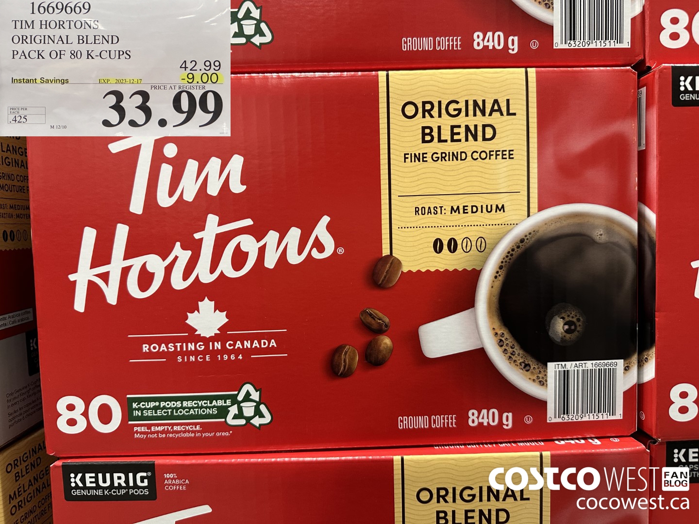 1669669 TIM HORTONS ORIGINAL BLEND K-CUPS 80 COUNT ($9.00 INSTANT SAVINGS EXPIRES ON 2023-12-17) $33.99
