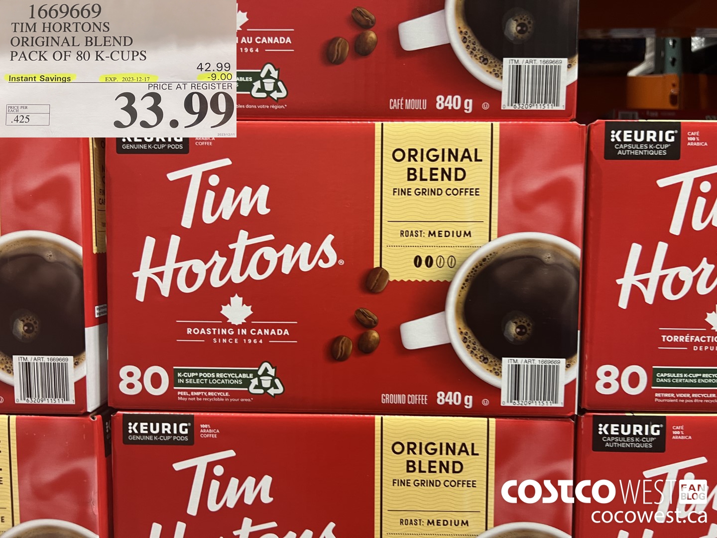 1669669 TIM HORTONS ORIGINAL BLEND K-CUPS 80 COUNT ($9.00 INSTANT SAVINGS EXPIRES ON 2023-12-17) $33.99