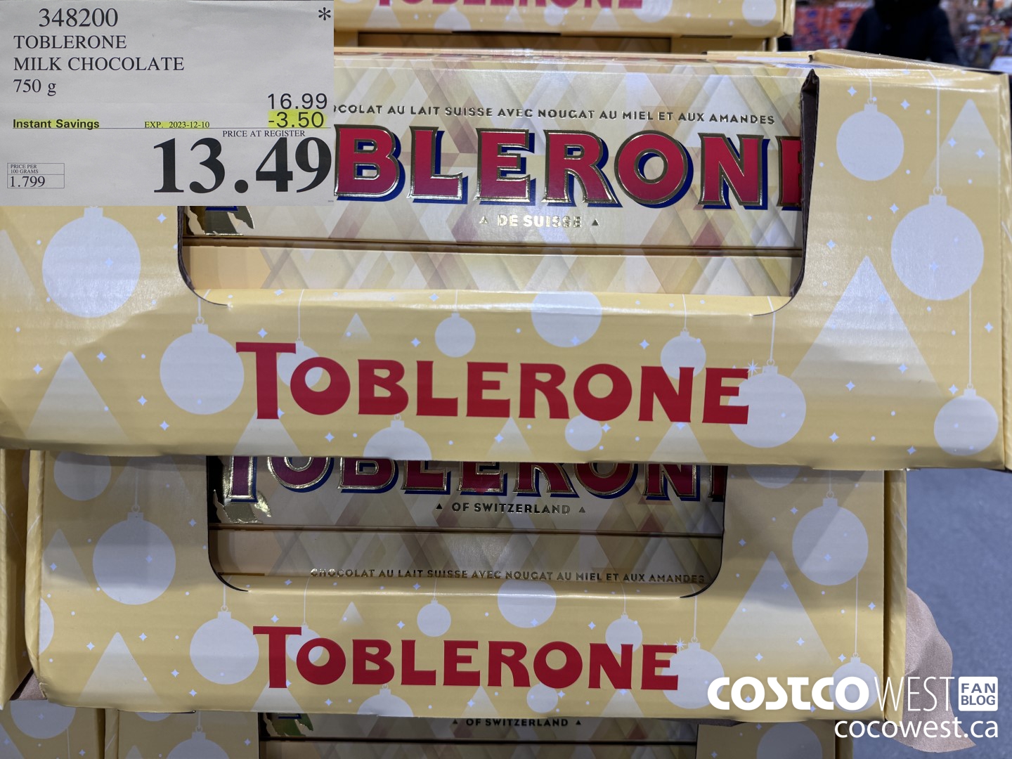 348200 TOBLERONE MILK CHOCOLATE 750 G ($3.50 INSTANT SAVINGS EXPIRES ON 2023-12-10) $13.49