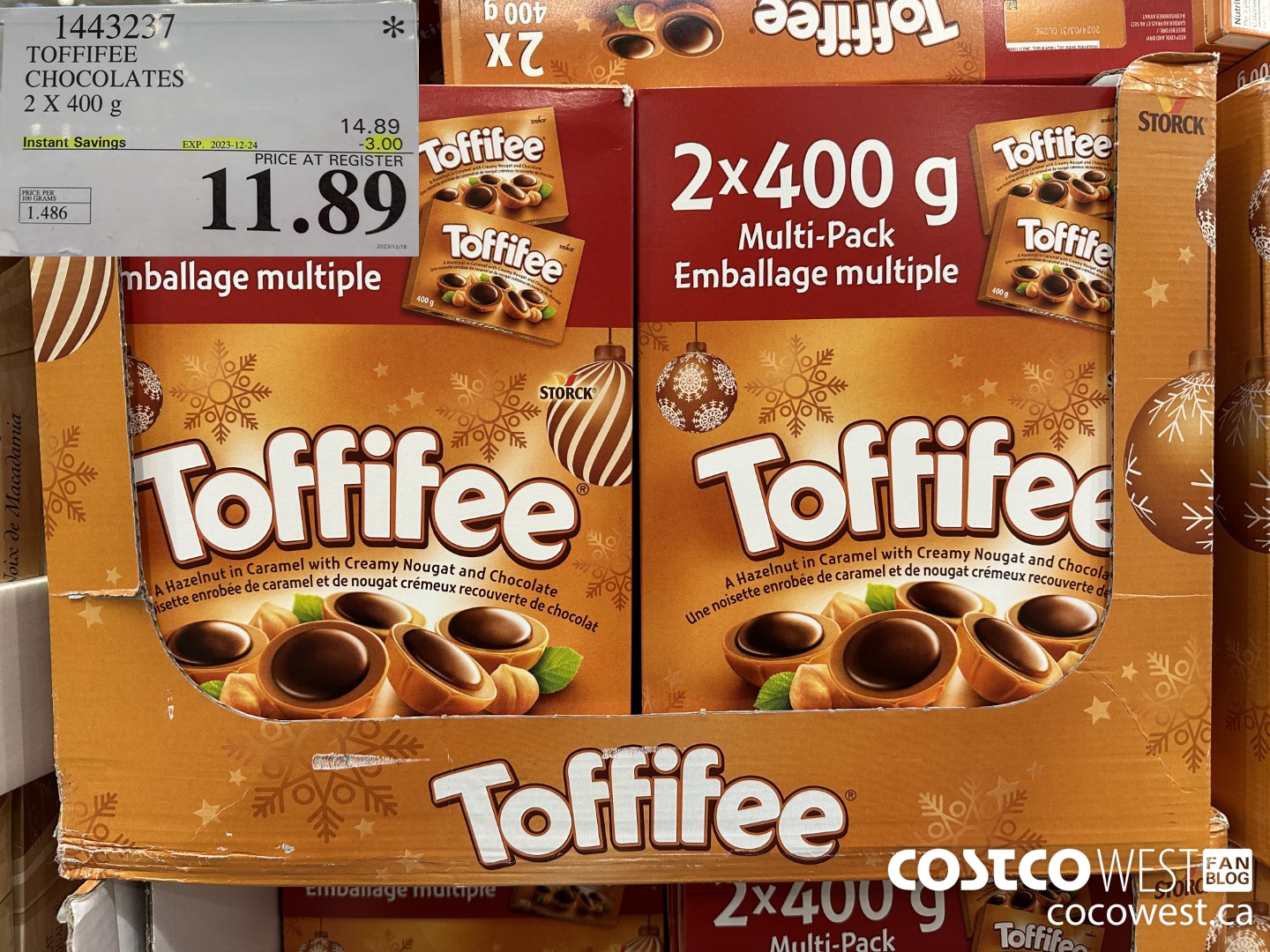 1443237 TOFFIFEE CHOCOLATES 2 x 400 g ($3.00 INSTANT SAVINGS EXPIRES ON 2023-12-24) $11.89