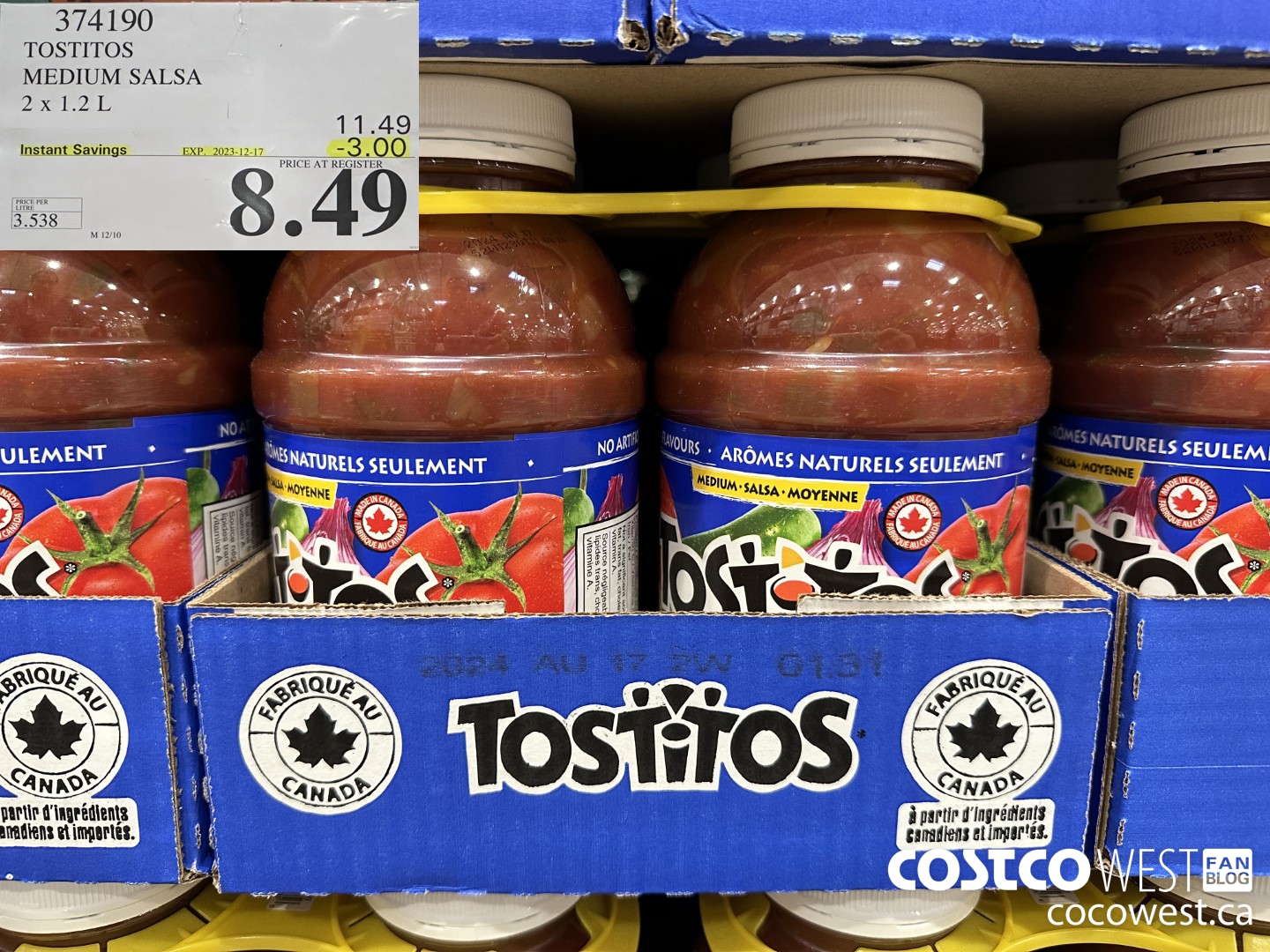 374190 TOSTITOS MEDIUM SALSA 2 X 1.2 L ($3.00 INSTANT SAVINGS EXPIRES ON 2023-12-17) $8.49