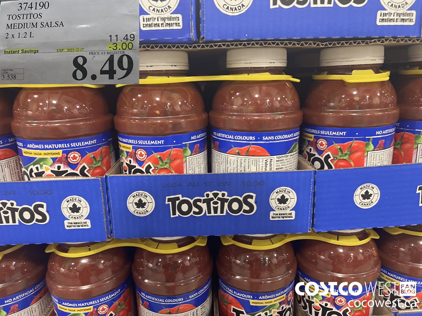374190 TOSTITOS MEDIUM SALSA 2 X 1.2 L ($3.00 INSTANT SAVINGS EXPIRES ON 2023-12-17) $8.49