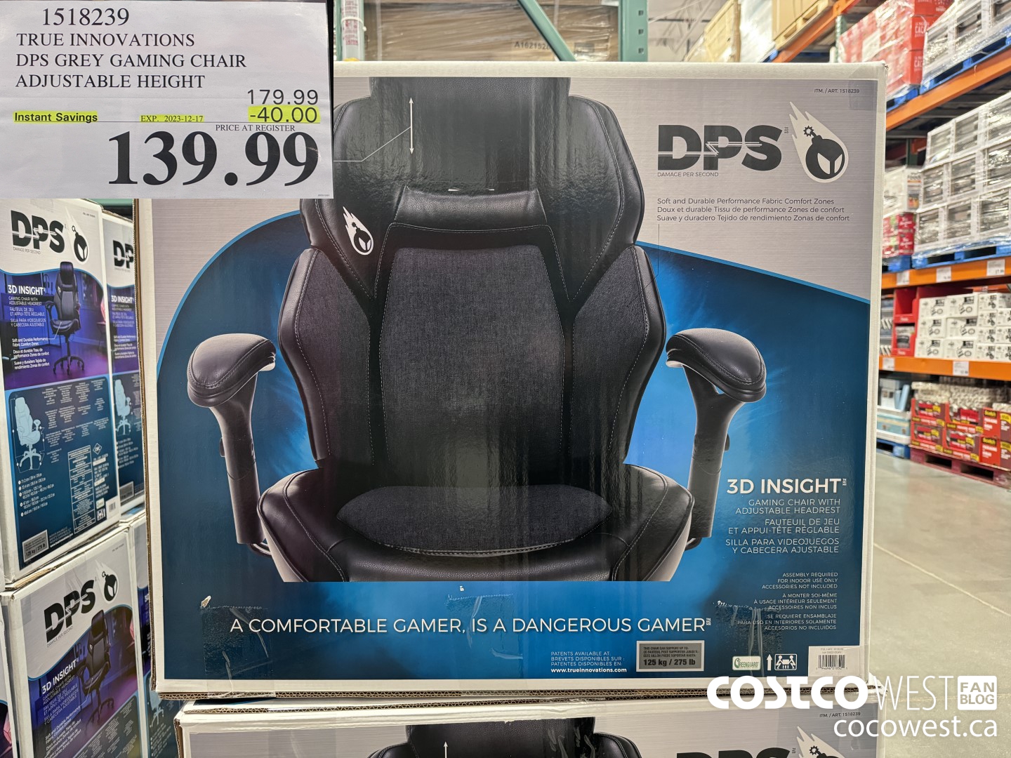 1518239 TRUE INNOVATIONS DPS GREY GAMING CHAIR ADJUSTABLE HEIGHT ($40.00 INSTANT SAVINGS EXPIRES ON 2023-12-17) $139.99