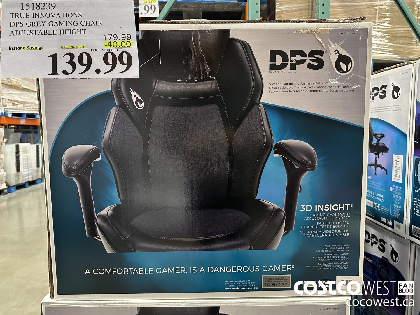 1518239 TRUE INNOVATIONS DPS GREY GAMING CHAIR ADJUSTABLE HEIGHT ($40.00 INSTANT SAVINGS EXPIRES ON 2023-12-17) $139.99