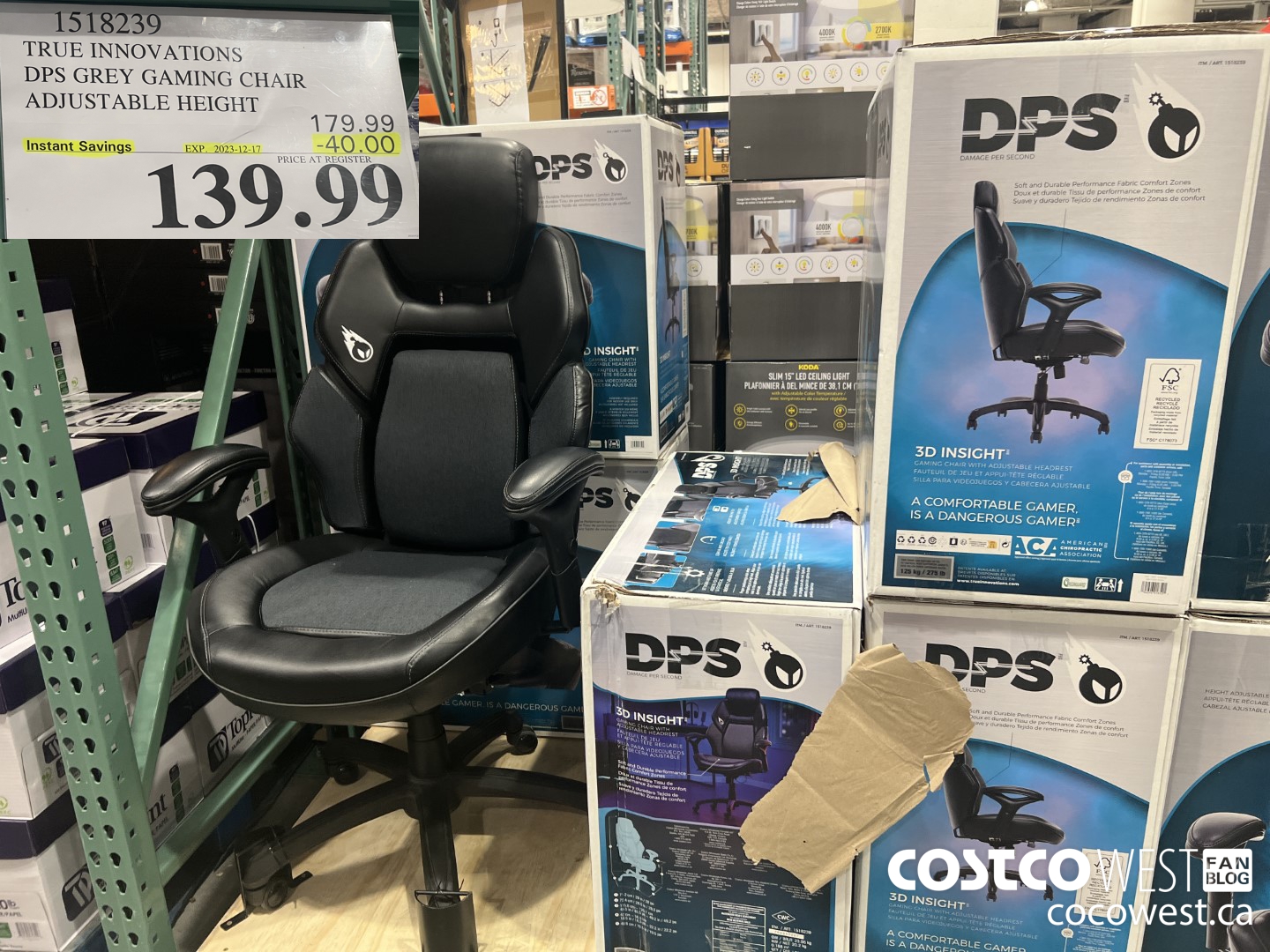 1518239 TRUE INNOVATIONS DPS GREY GAMING CHAIR ADJUSTABLE HEIGHT ($40.00 INSTANT SAVINGS EXPIRES ON 2023-12-17) $139.99