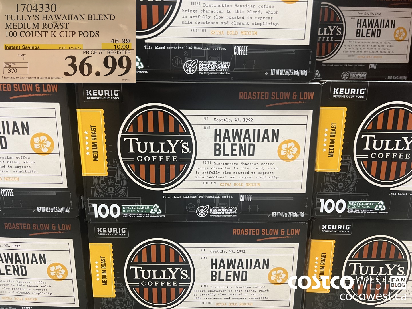 1704330 TULLY'S HAWAIIAN BLEND MEDIUM ROAST 100 COUNT K-CUP PODS ($10.00 INSTANT SAVINGS EXPIRES ON 2023-12-24) $36.99