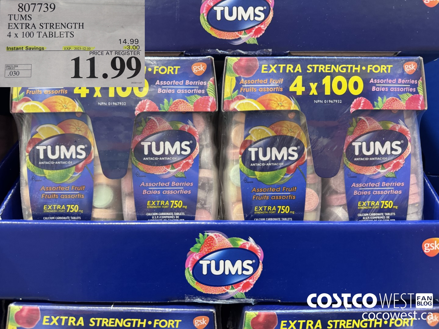 807739 TUMS EXTRA STRENGTH 4 X 100 TABLETS ($3.00 INSTANT SAVINGS EXPIRES ON 2023-12-10) $11.99