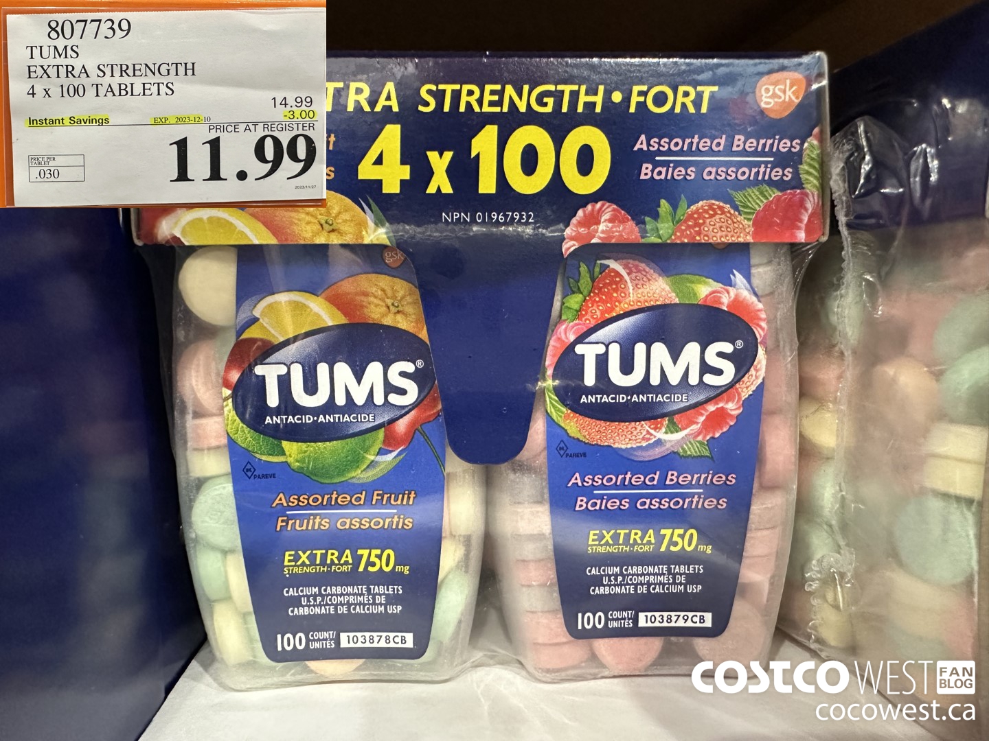 807739 TUMS EXTRA STRENGTH 4 X 100 TABLETS ($3.00 INSTANT SAVINGS EXPIRES ON 2023-12-10) $11.99