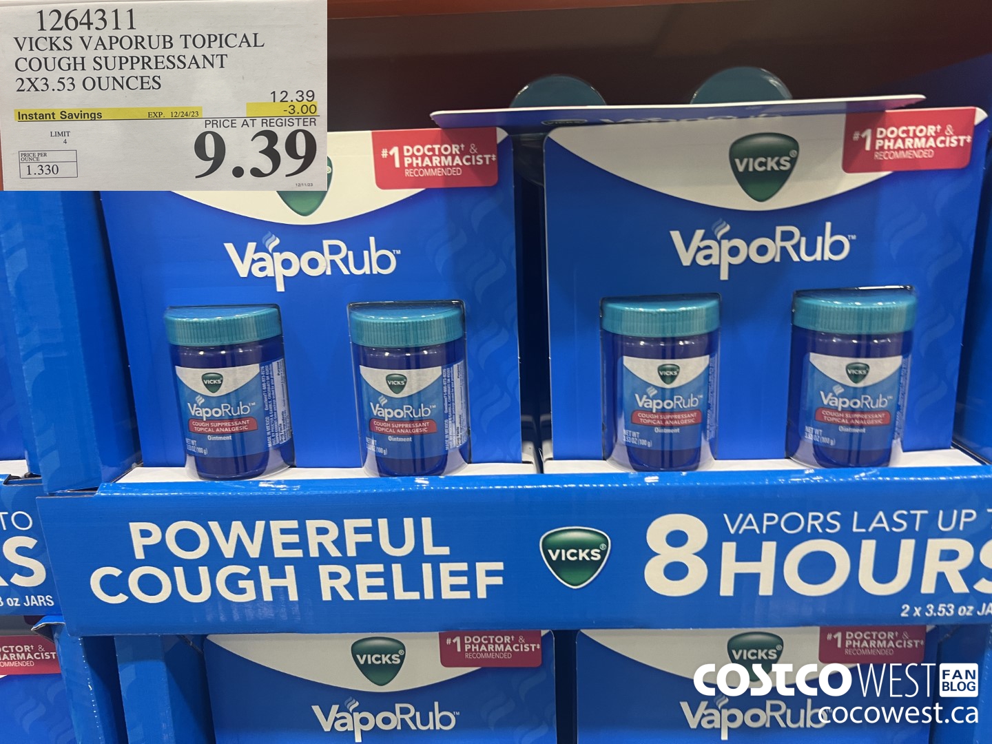 1264311 VICKS VAPORUB TOPICAL COUGH SUPPRESSANT 2X3.53 OUNCES ($3.00 INSTANT SAVINGS EXPIRES ON 2023-12-24) $9.39