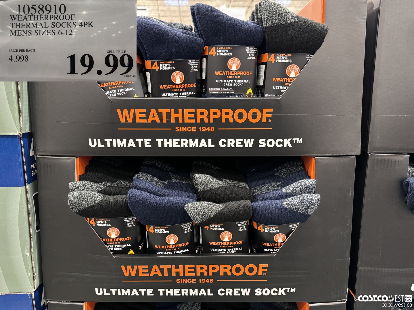 1058910 WEATHERPROOF THERMAL SOCK 4PK MENS SIZES 6-12 $19.99