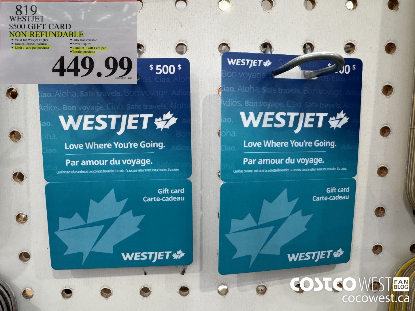 819 WESTJET $500 GIFT CARD NON-REFUNDABLE $449.99