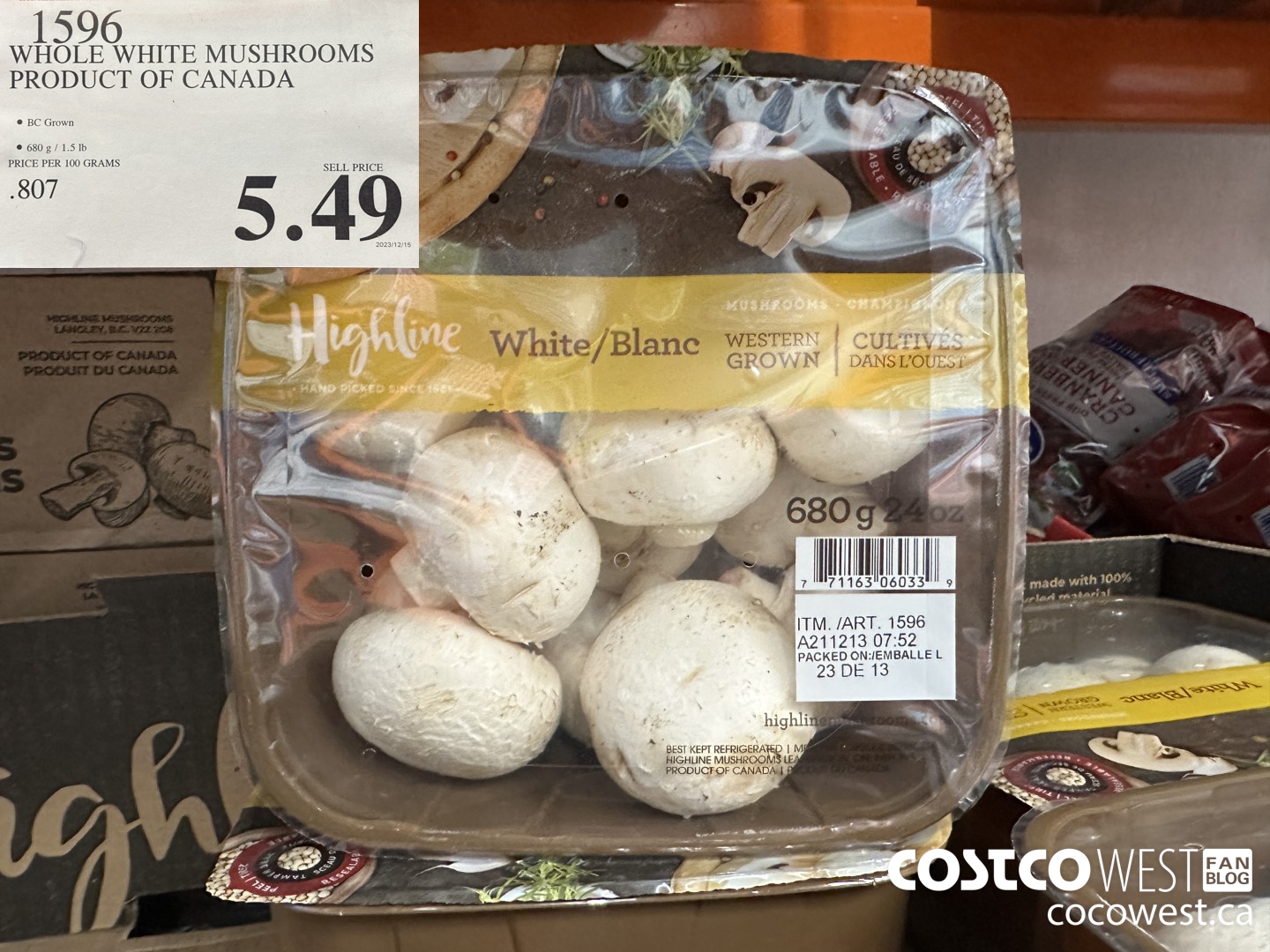1596 WHOLE WHITE MUSHROOMS PRODUCT OF CANADA $5.49