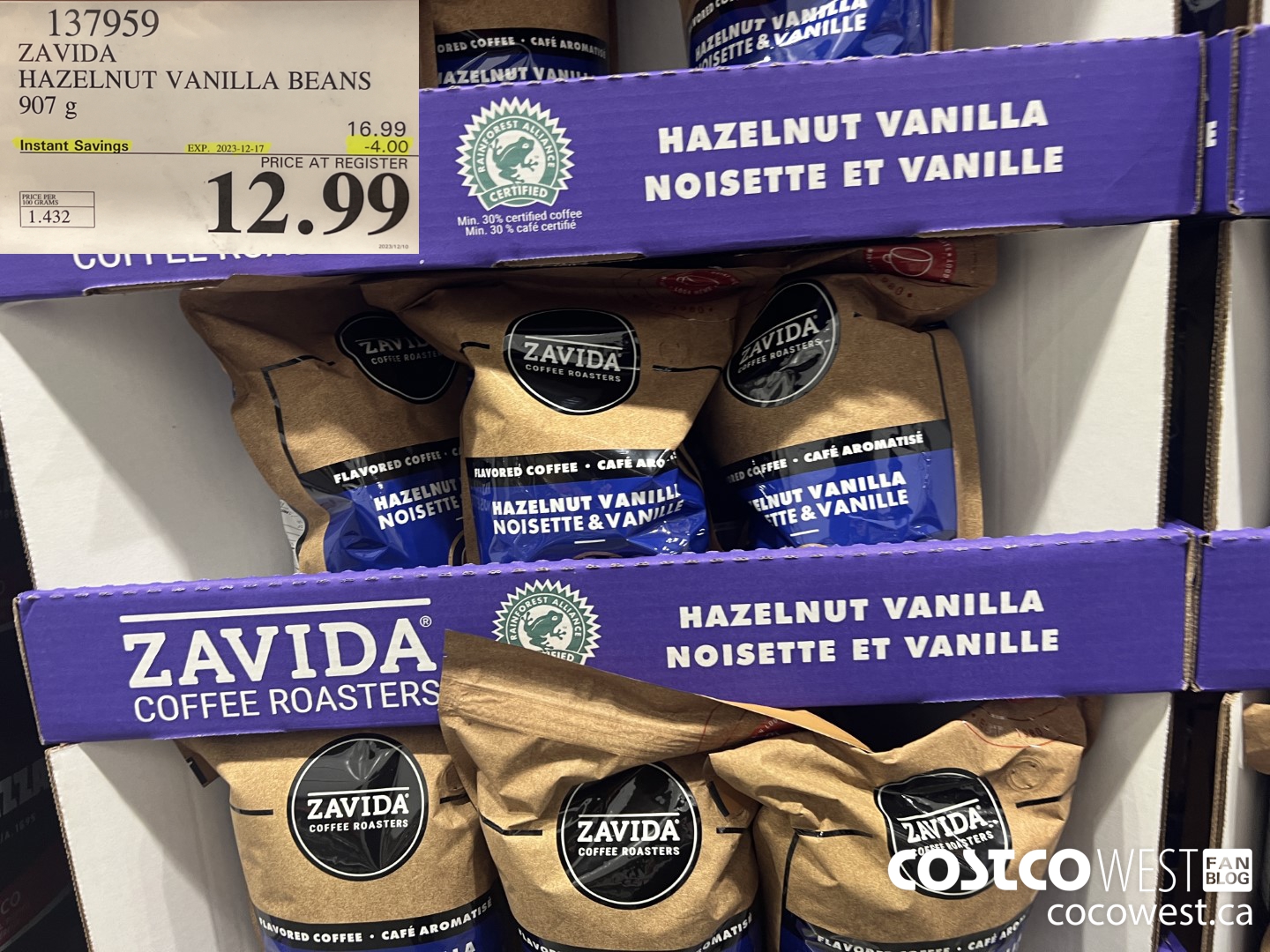 137959 ZAVIDA HAZELNUT VANILLA BEANS 907 g ($4.00 INSTANT SAVINGS EXPIRES ON 2023-12-17) $12.99