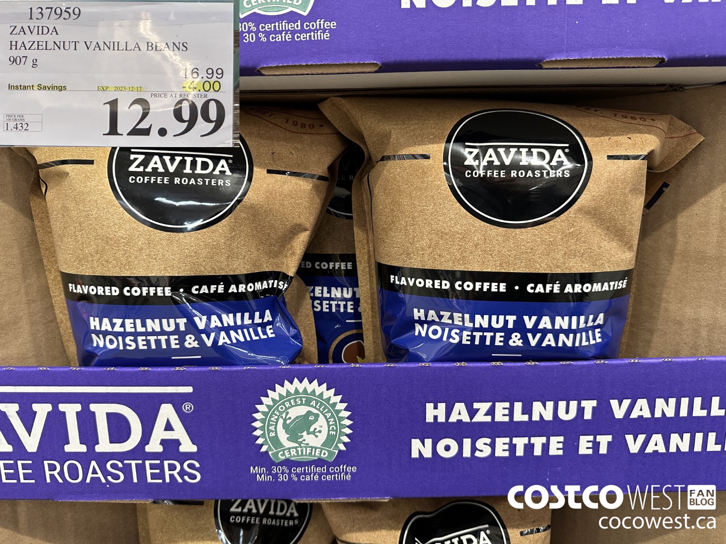 137959 ZAVIDA HAZELNUT VANILLA BEANS 907 g ($4.00 INSTANT SAVINGS EXPIRES ON 2023-12-17) $12.99