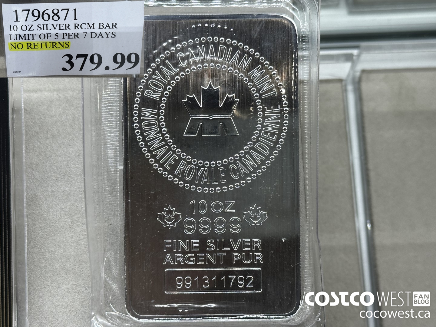 1796871 10 OZ SILVER RCM BAR LIMIT OF 5 PER 7 DAYS NO RETURNS $379.99