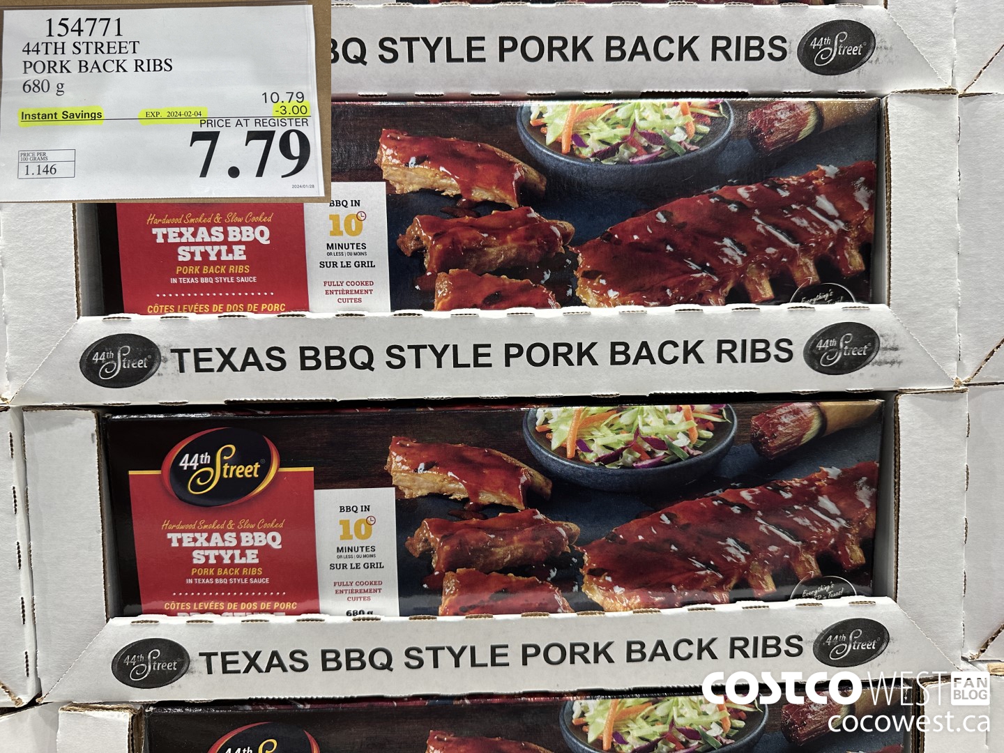 154771 44TH STREET PORK BACK RIBS 680 g ($3.00 INSTANT SAVINGS EXPIRES ON 2024-02-04) $7.79