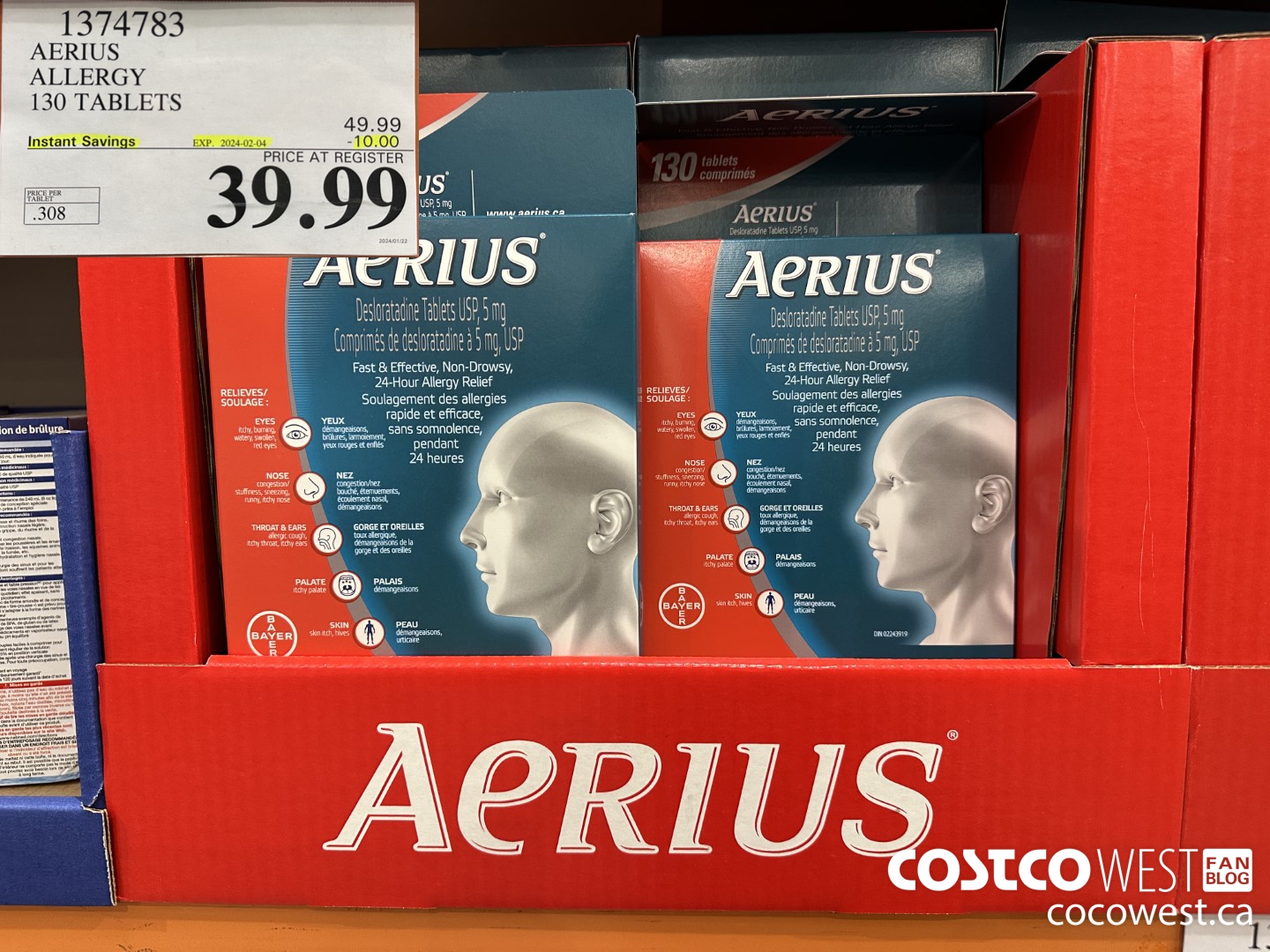 1374783 AERIUS ALLERGY 130 TABLETS ($10.00 INSTANT SAVINGS EXPIRES ON 2024-02-04) $39.99