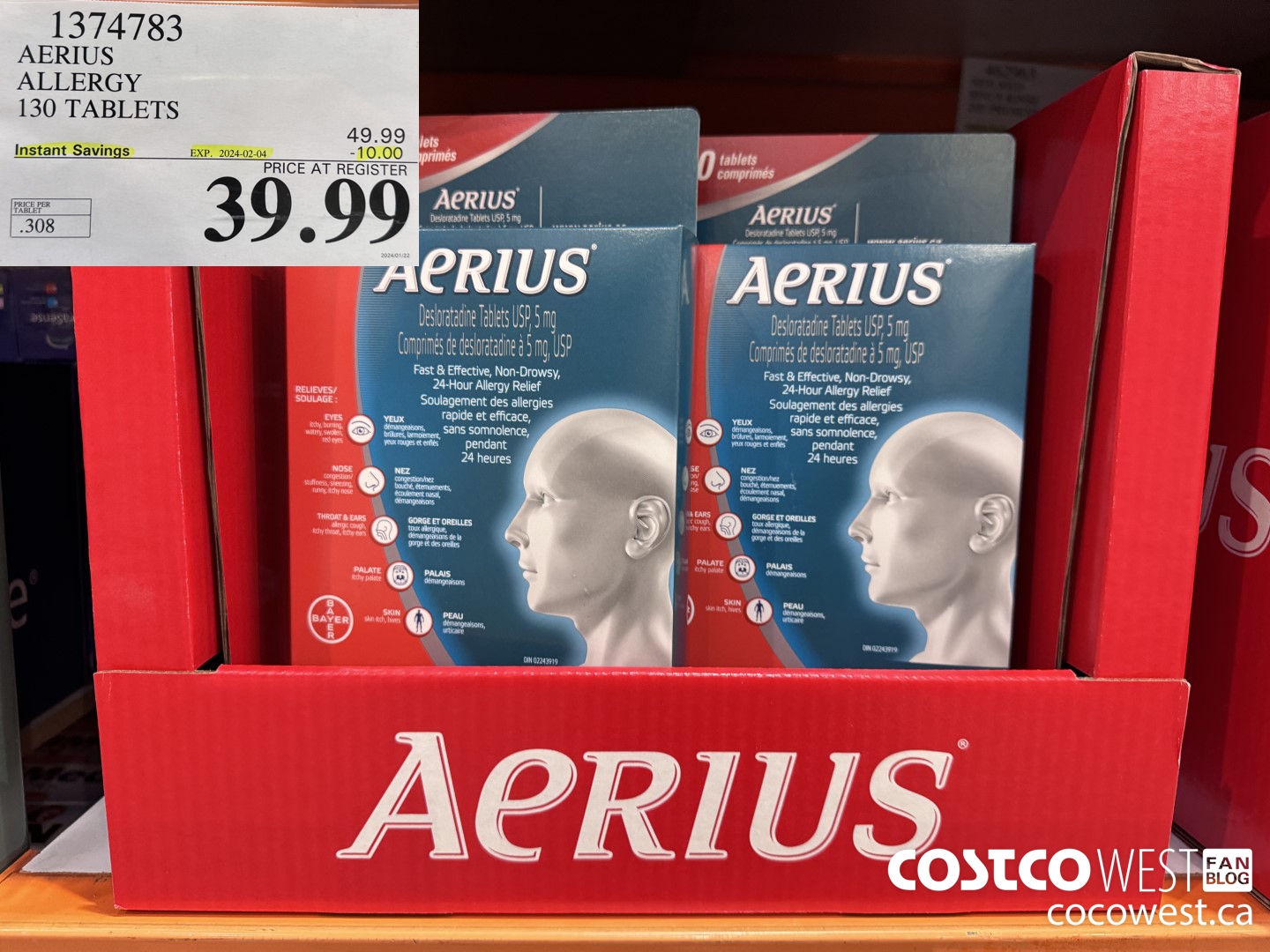 1374783 AERIUS ALLERGY 130 TABLETS ($10.00 INSTANT SAVINGS EXPIRES ON 2024-02-04) $39.99