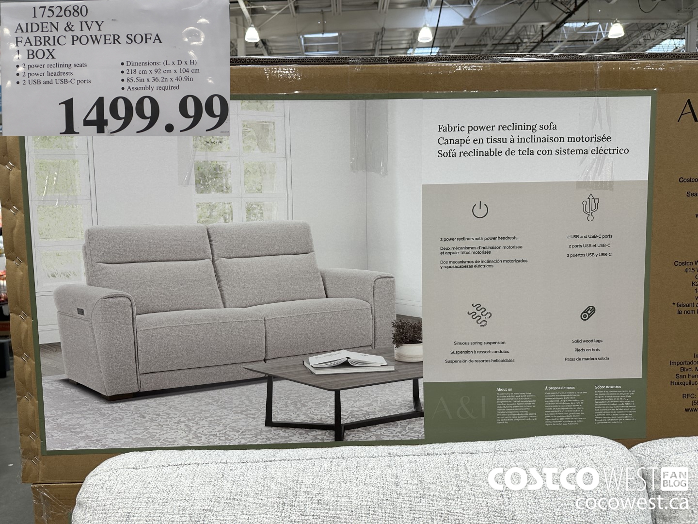 1752680 AIDEN & IVY FABRIC POWER SOFA 1 BOX $1499.99