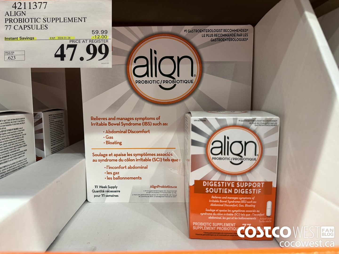 4211377 ALIGN PROBIOTIC SUPPLEMENT 77 CAPSULES ($12.00 INSTANT SAVINGS EXPIRES ON 2024-01-28) $47.99