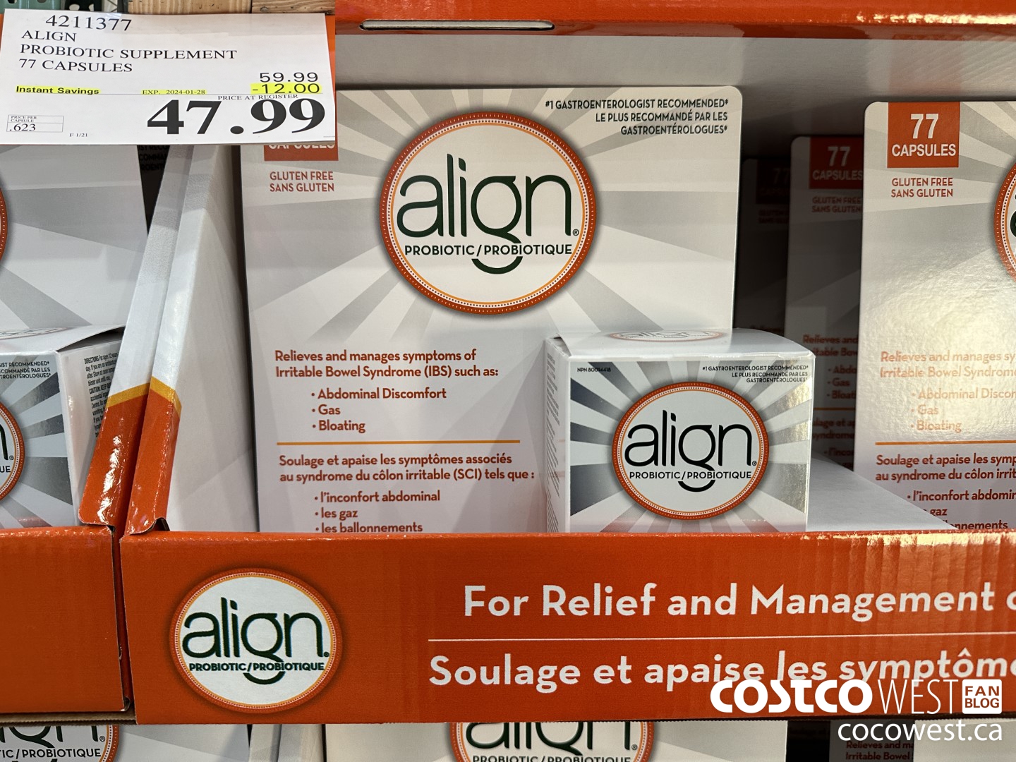 4211377 ALIGN PROBIOTIC SUPPLEMENT 77 CAPSULES ($12.00 INSTANT SAVINGS EXPIRES ON 2024-01-28) $47.99