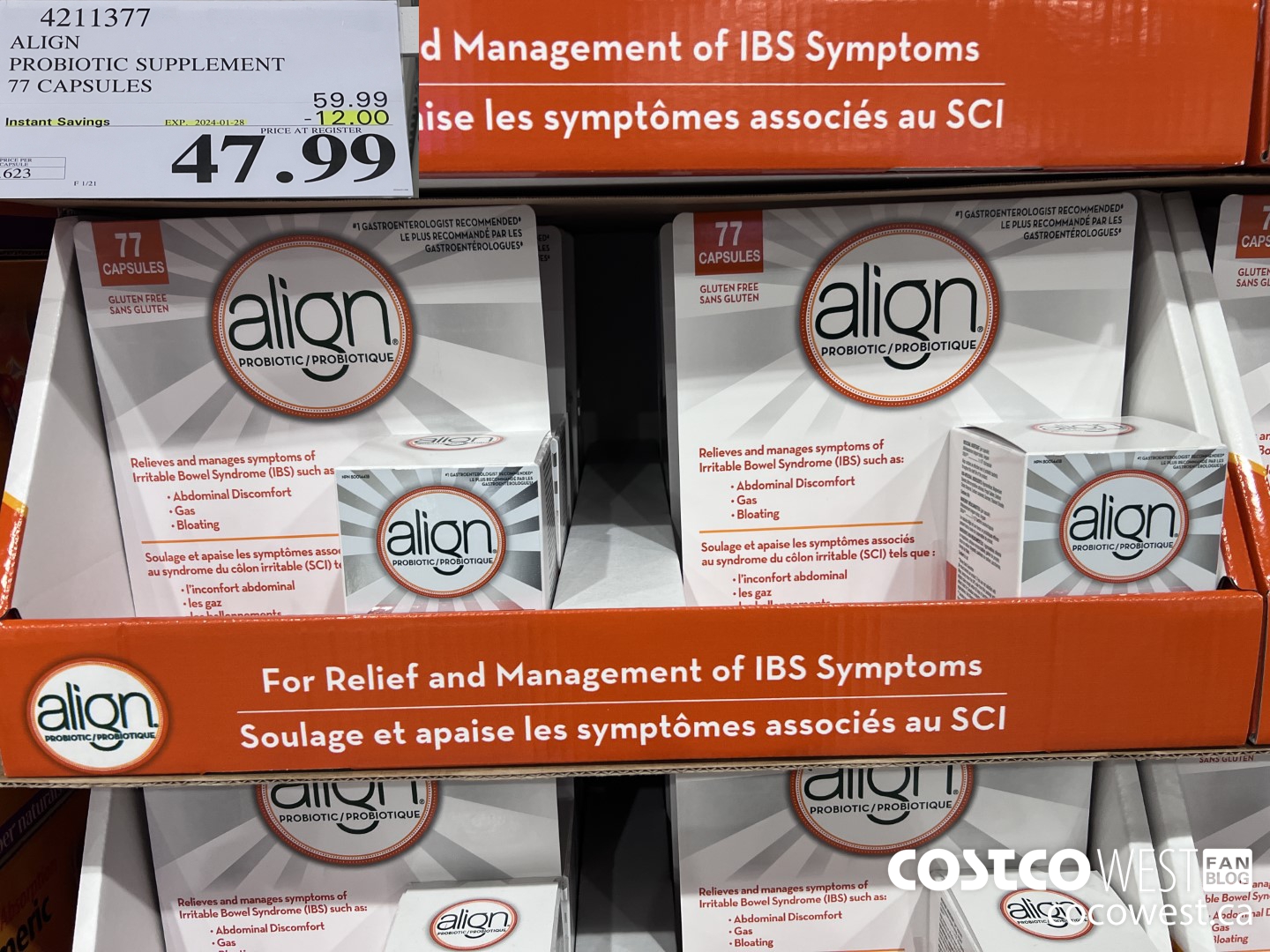 4211377 ALIGN PROBIOTIC SUPPLEMENT 77 CAPSULES ($12.00 INSTANT SAVINGS EXPIRES ON 2024-01-28) $47.99