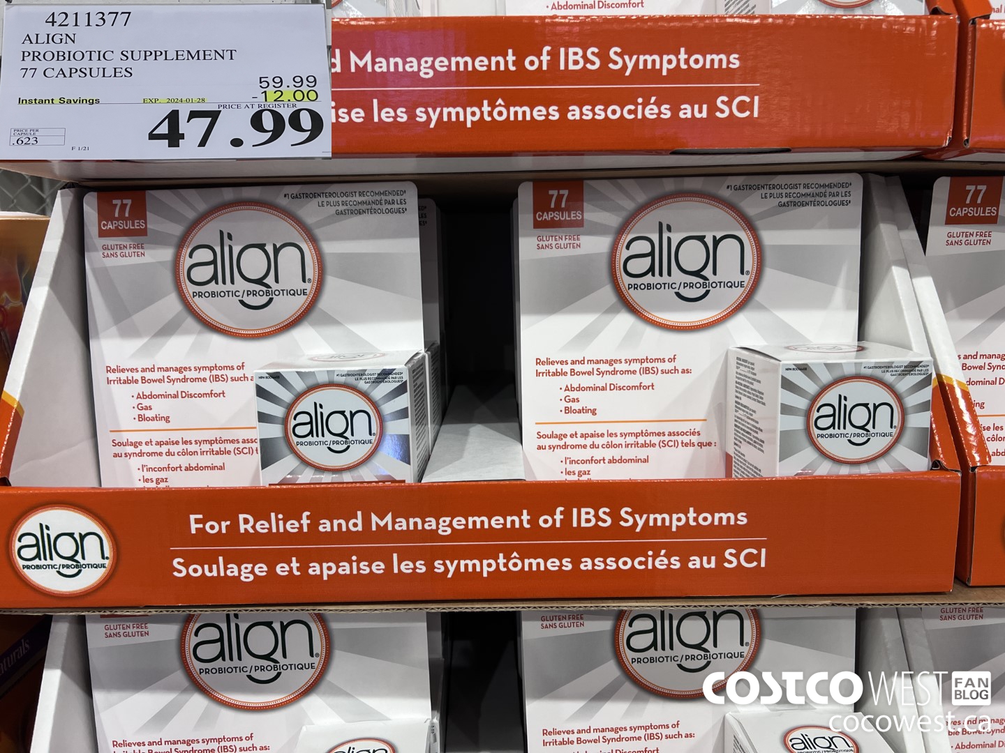 4211377 ALIGN PROBIOTIC SUPPLEMENT 77 CAPSULES ($12.00 INSTANT SAVINGS EXPIRES ON 2024-01-28) $47.99