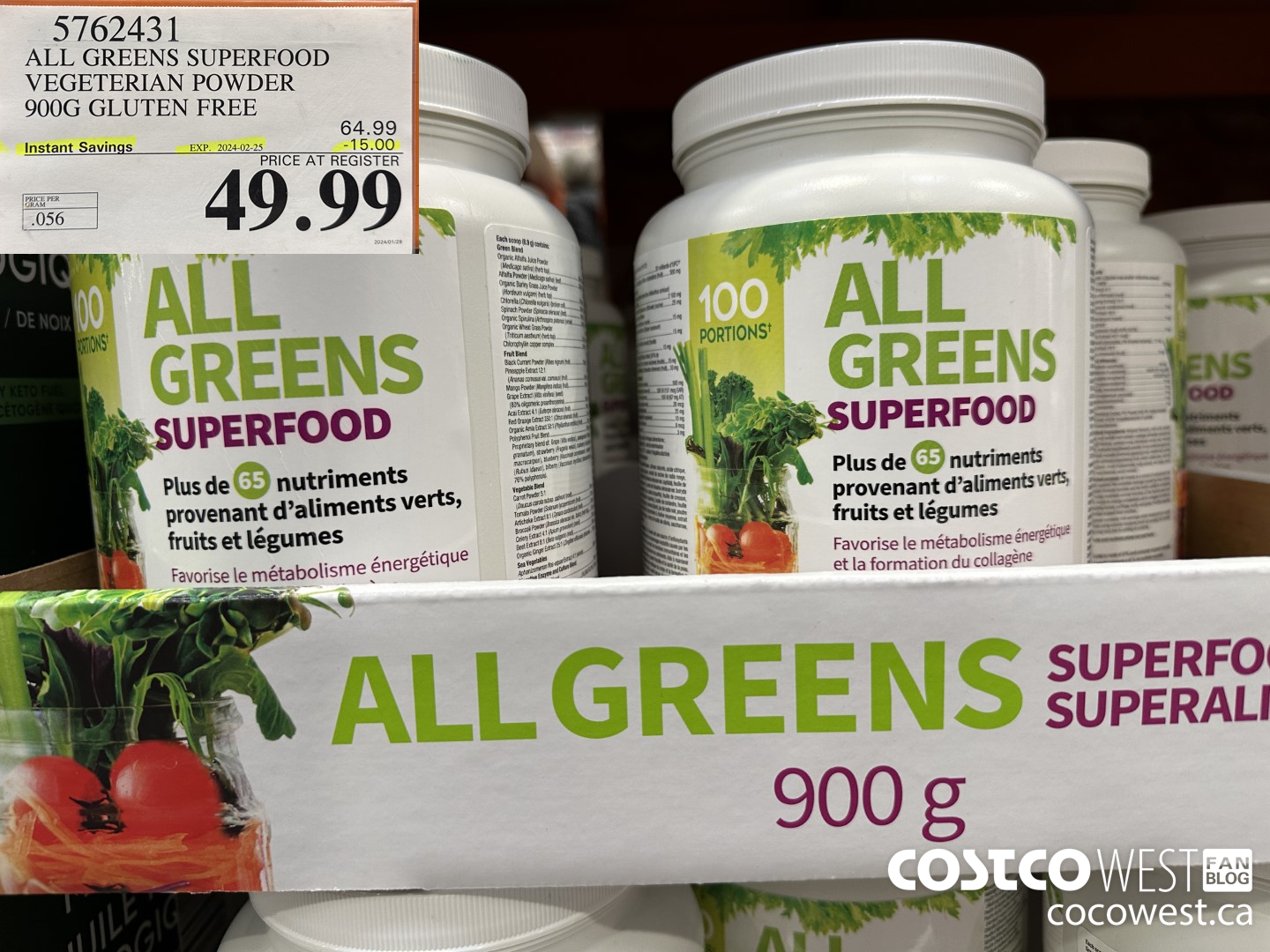 5762431 ALL GREENS SUPERFOOD VEGETERIAN POWDER 900G GLUTEN FREE ($15.00 INSTANT SAVINGS EXPIRES ON 2024-02-25) $49.99