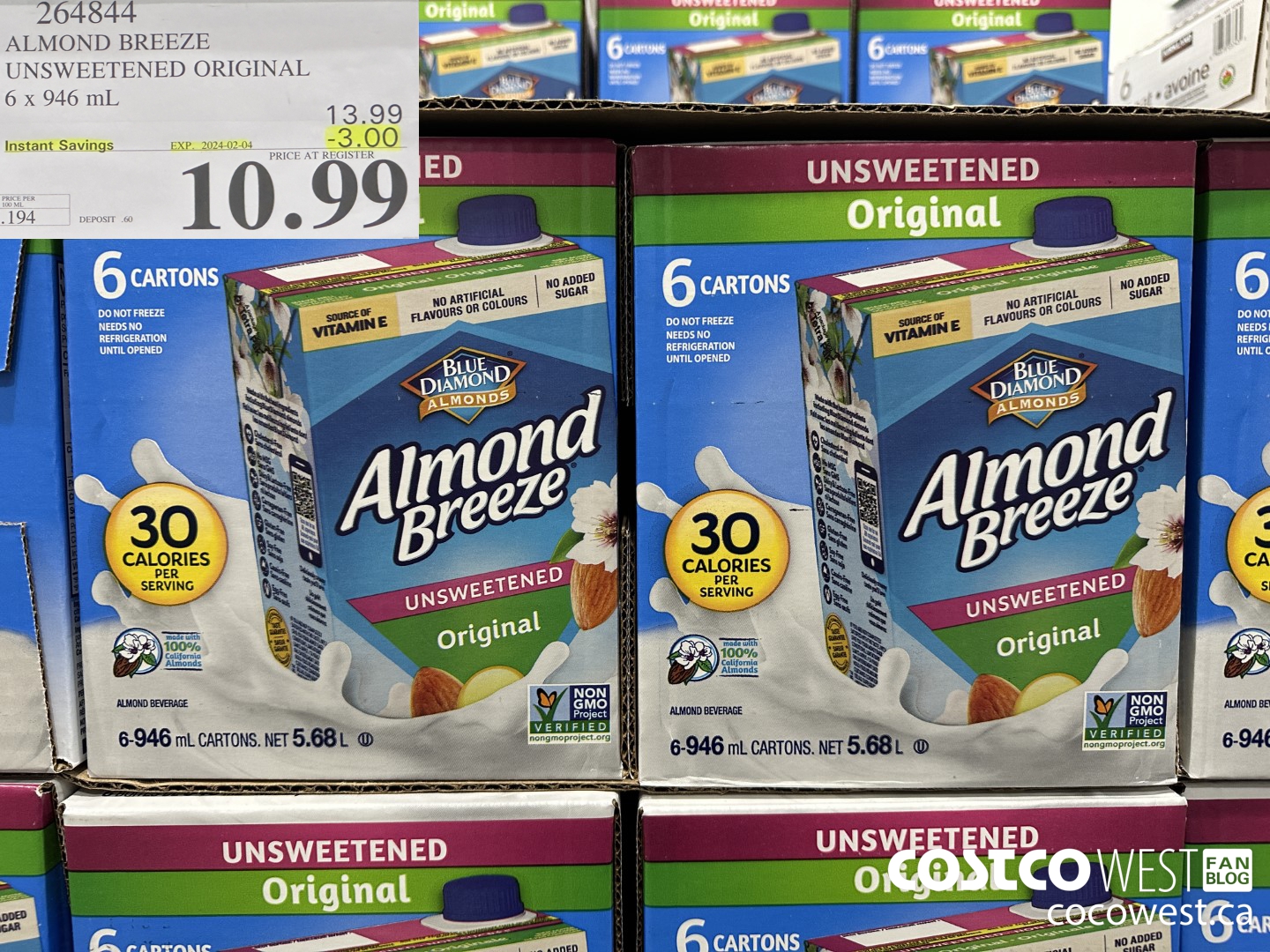 264844 ALMOND BREEZE UNSWEETENED ORIGINAL 6 X 946 ML ($3.00 INSTANT SAVINGS EXPIRES ON 2024-02-04) $10.99