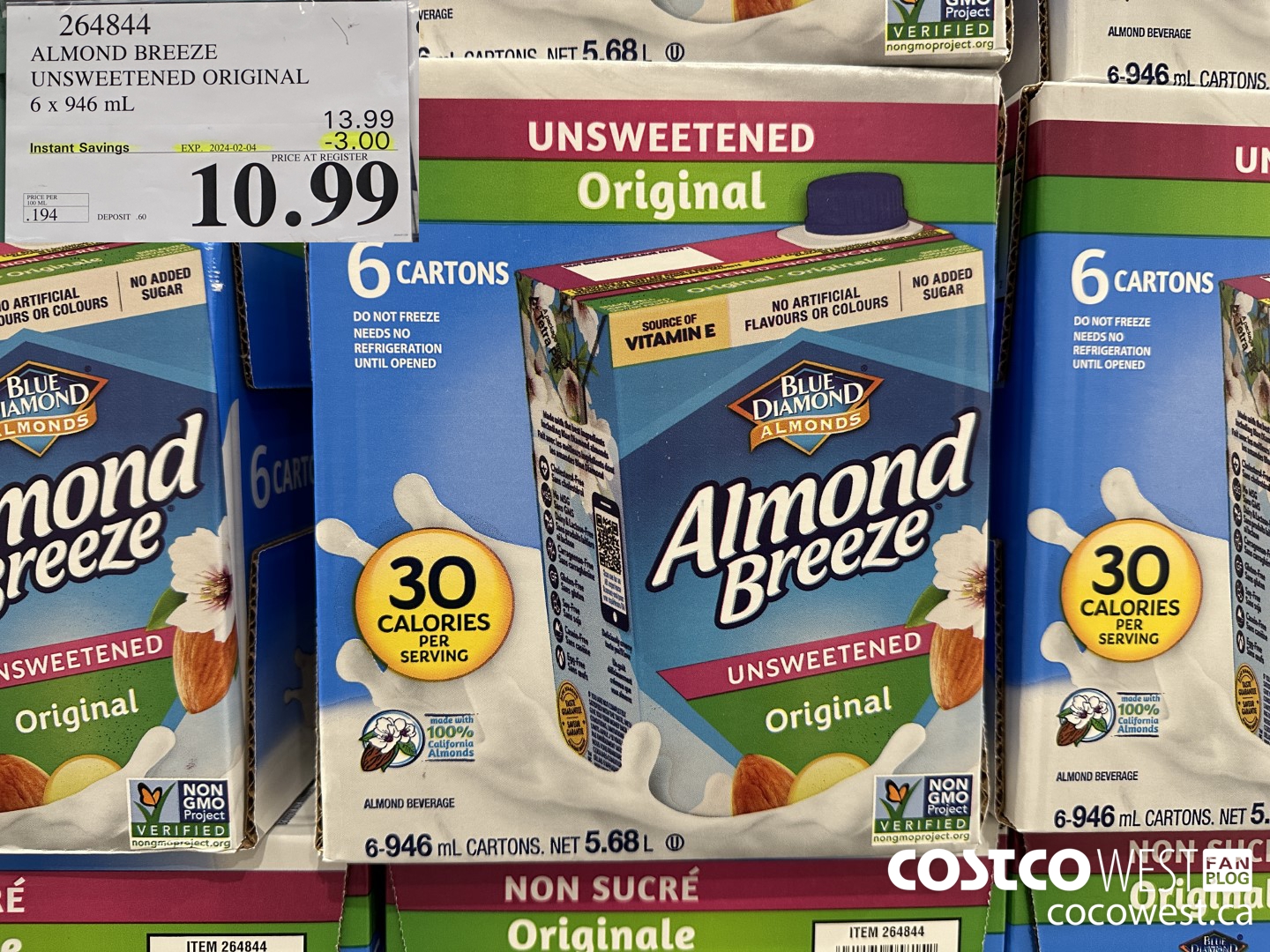 264844 ALMOND BREEZE UNSWEETENED ORIGINAL 6 X 946 ML ($3.00 INSTANT SAVINGS EXPIRES ON 2024-02-04) $10.99