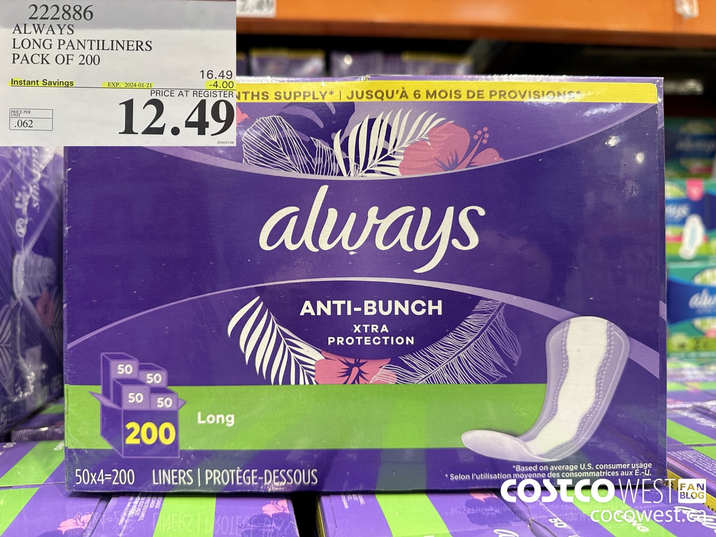 222886 ALWAYS DRI-LINERS LONG PANTILINERS PACK OF 200 ($4.00 INSTANT SAVINGS EXPIRES ON 2024-01-21) $12.49