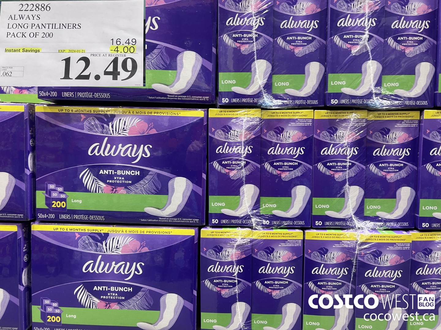 222886 ALWAYS DRI-LINERS LONG PANTILINERS PACK OF 200 ($4.00 INSTANT SAVINGS EXPIRES ON 2024-01-21) $12.49