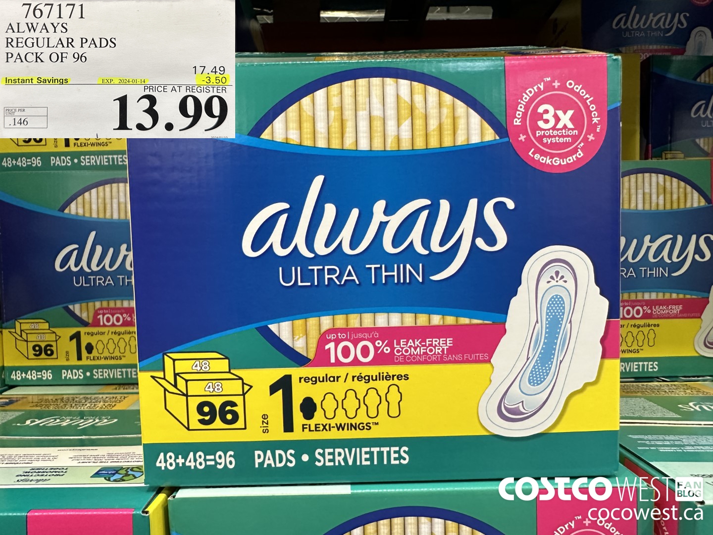 767171 ALWAYS ULTRA THIN PADS REGULAR 96CT ($3.50 INSTANT SAVINGS EXPIRES ON 2024-01-14) $13.99