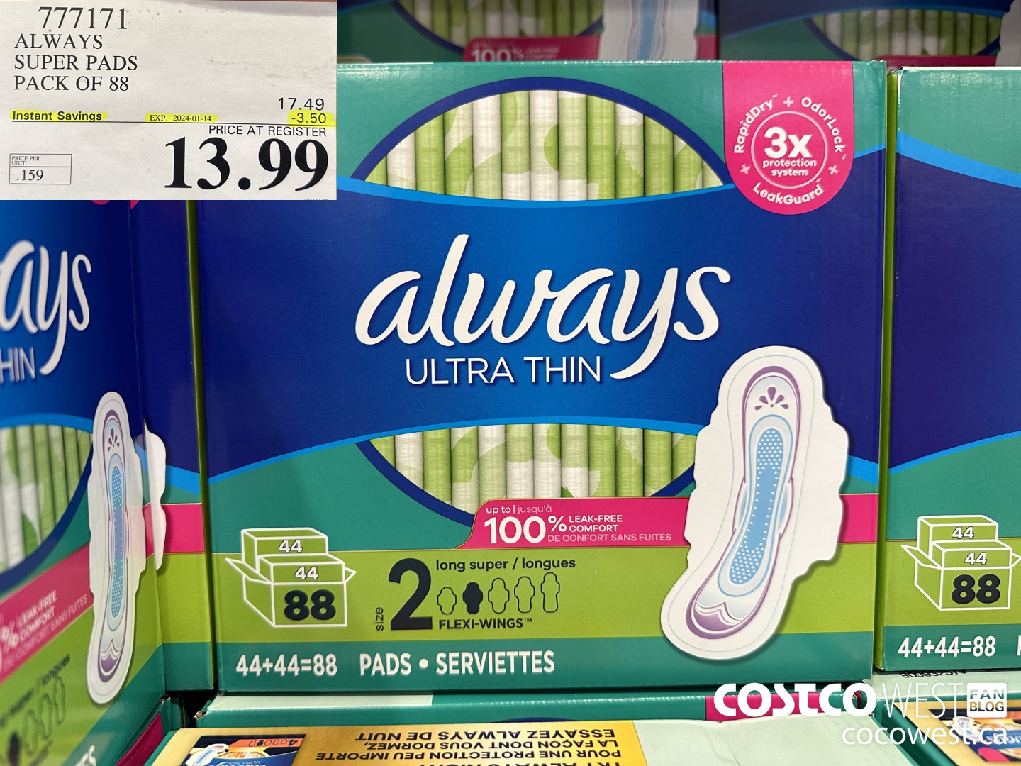 777171 ALWAYS ULTRA THIN PADS SUPER 88CT ($3.50 INSTANT SAVINGS EXPIRES ON 2024-01-14) $13.99