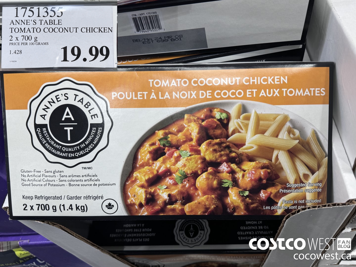 1751355 ANNE'S TABLE COCONUT CHICKEN CURRY 2 X 700 G $19.99