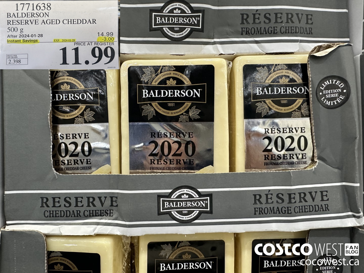 1771638 BALDERSON RESERVE AGED CHEDDAR 500 G ($3.00 INSTANT SAVINGS EXPIRES ON 2024-01-28) $11.99