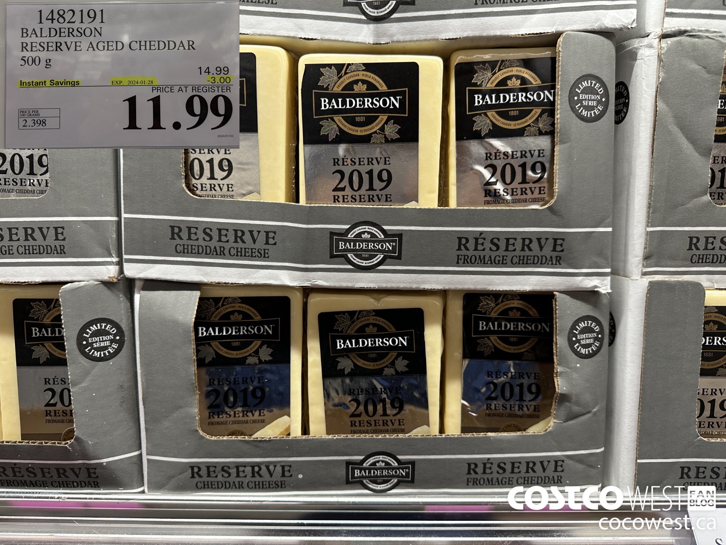 1482191 BALDERSON RESERVE AGED CHEDDAR 500 g ($3.00 INSTANT SAVINGS EXPIRES ON 2024-01-28) $11.99