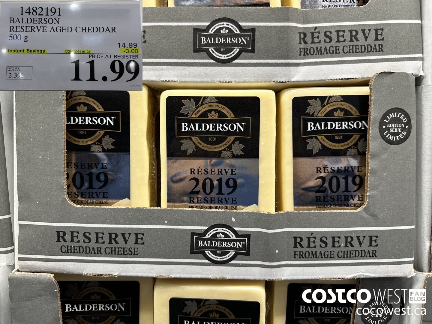 1482191 BALDERSON RESERVE AGED CHEDDAR 500 g ($3.00 INSTANT SAVINGS EXPIRES ON 2024-01-28) $11.99