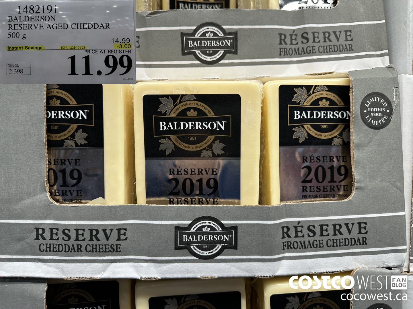 1482191 BALDERSON RESERVE AGED CHEDDAR 500 g ($3.00 INSTANT SAVINGS EXPIRES ON 2024-01-28) $11.99