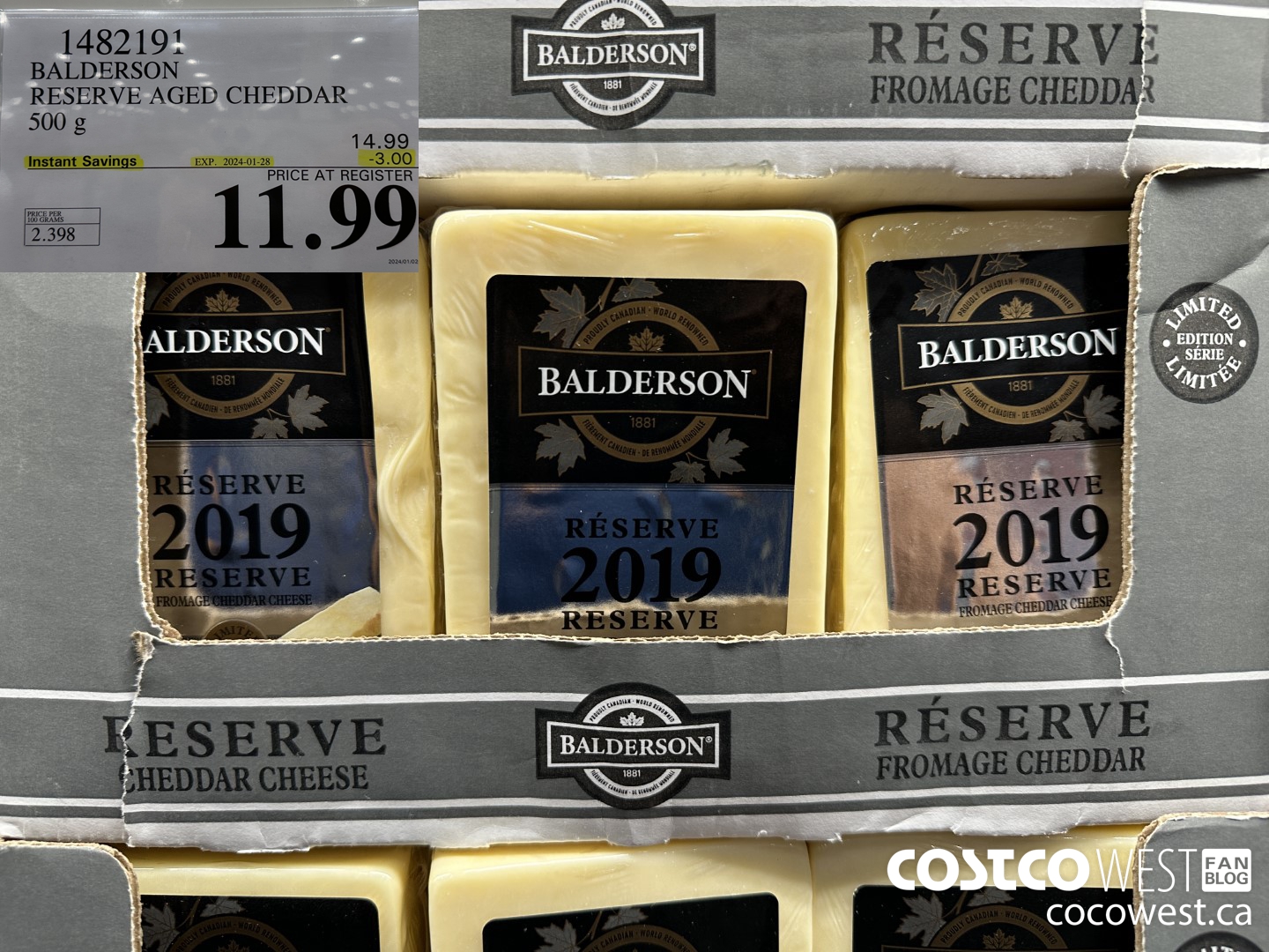 1482191 BALDERSON RESERVE AGED CHEDDAR 500 g ($3.00 INSTANT SAVINGS EXPIRES ON 2024-01-28) $11.99