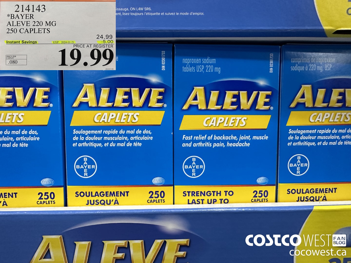 214143 BAYER ALEVE 220 MG 250 CAPLETS ($5.00 INSTANT SAVINGS EXPIRES ON 2024-01-21) $19.99