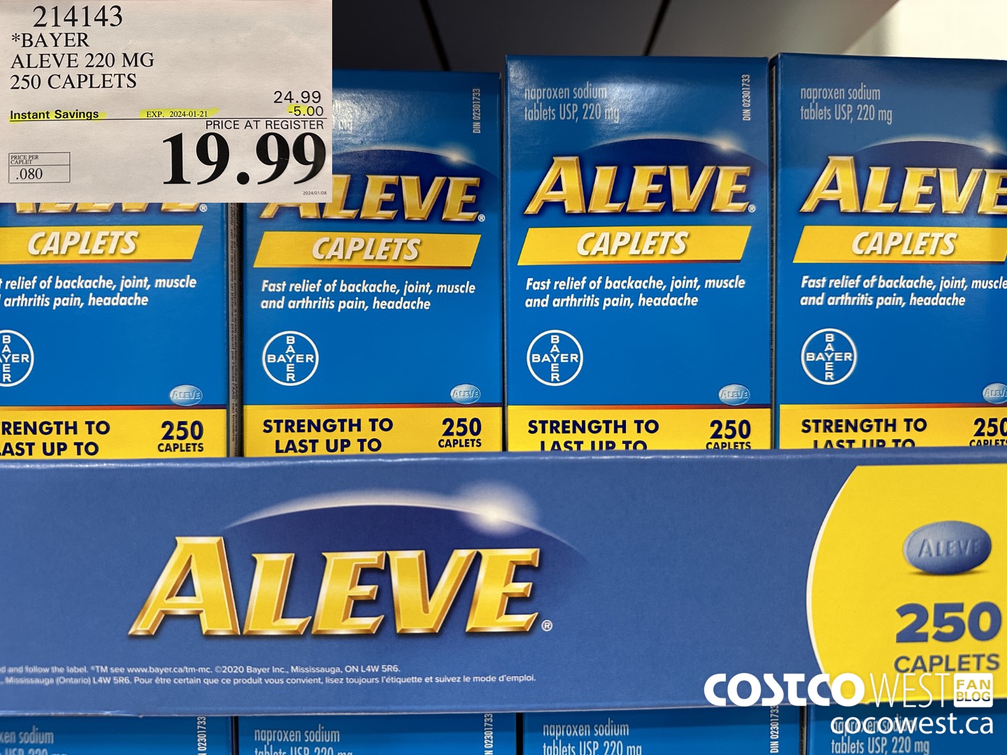 214143 BAYER ALEVE 220 MG 250 CAPLETS ($5.00 INSTANT SAVINGS EXPIRES ON 2024-01-21) $19.99