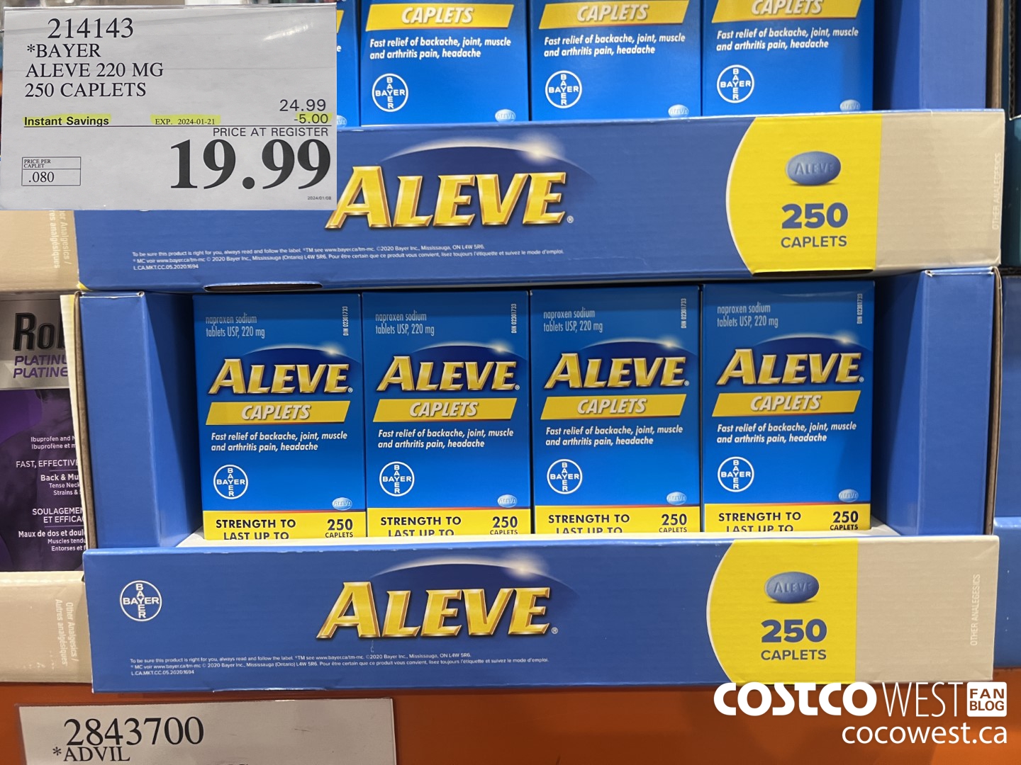 214143 BAYER ALEVE 220 MG 250 CAPLETS ($5.00 INSTANT SAVINGS EXPIRES ON 2024-01-21) $19.99