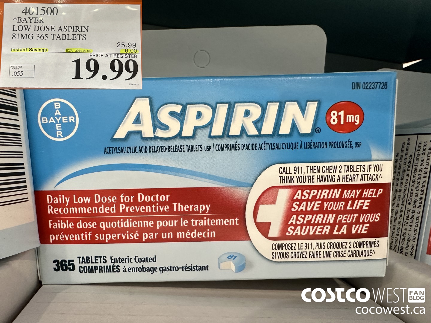 401500 BAYER COATED LOW DOSE ASA 365 81MG TABLETS ($6.00 INSTANT SAVINGS EXPIRES ON 2024-02-04) $19.99