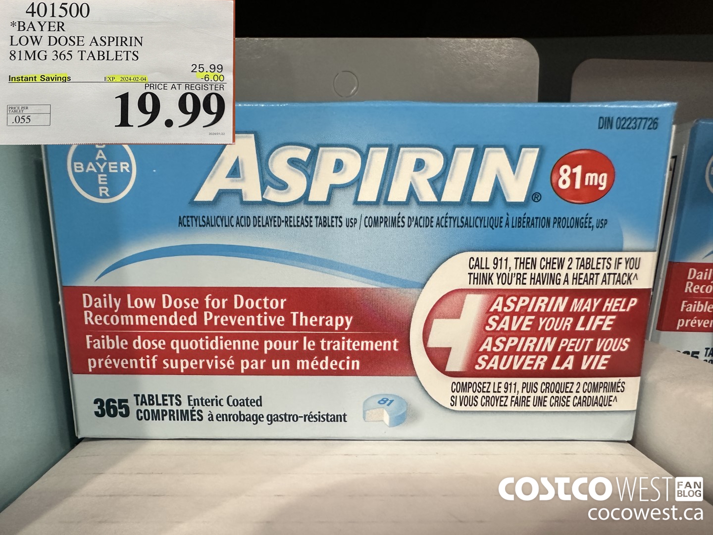 401500 BAYER COATED LOW DOSE ASA 365 81MG TABLETS ($6.00 INSTANT SAVINGS EXPIRES ON 2024-02-04) $19.99