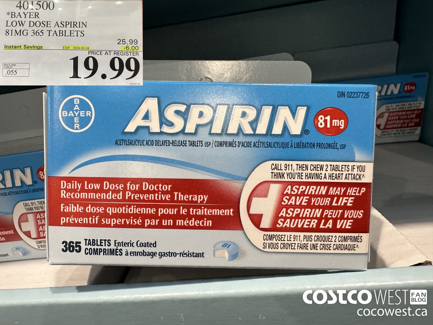 401500 BAYER COATED LOW DOSE ASA 365 81MG TABLETS ($6.00 INSTANT SAVINGS EXPIRES ON 2024-02-04) $19.99