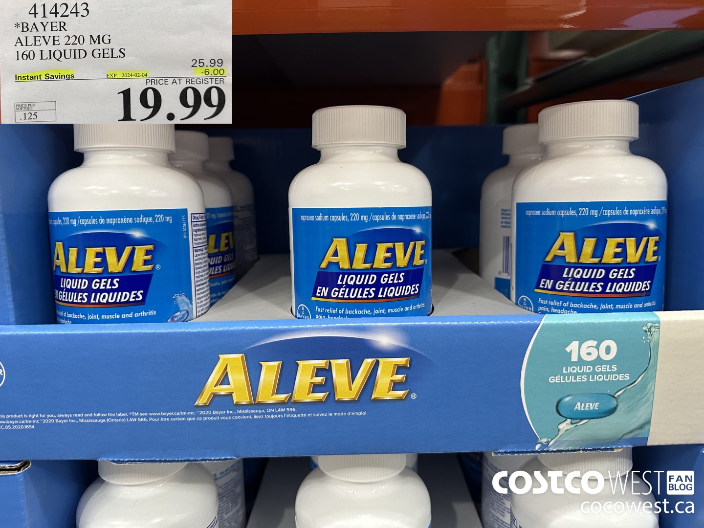 414243 BAYER ALEVE 220 MG 160 LIQUID GELS ($6.00 INSTANT SAVINGS EXPIRES ON 2024-02-04) $19.99